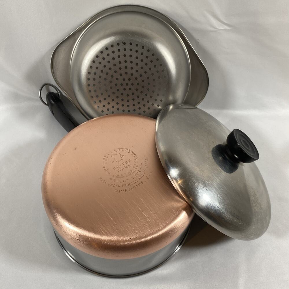 Revere Ware Copper Bottom 2 Qt Saucepan Steamer Strainer Lid Stainless Pre 1968